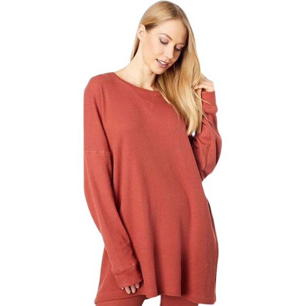INTIMATELY FREE PEOPLE Orange Early Night Thermal Tee Waffle Knit Top SIZE SMALL